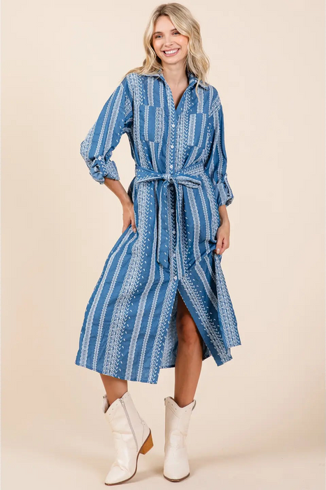 Curvy Striped Pattern Embroidered Midi Shirt Dress Denim