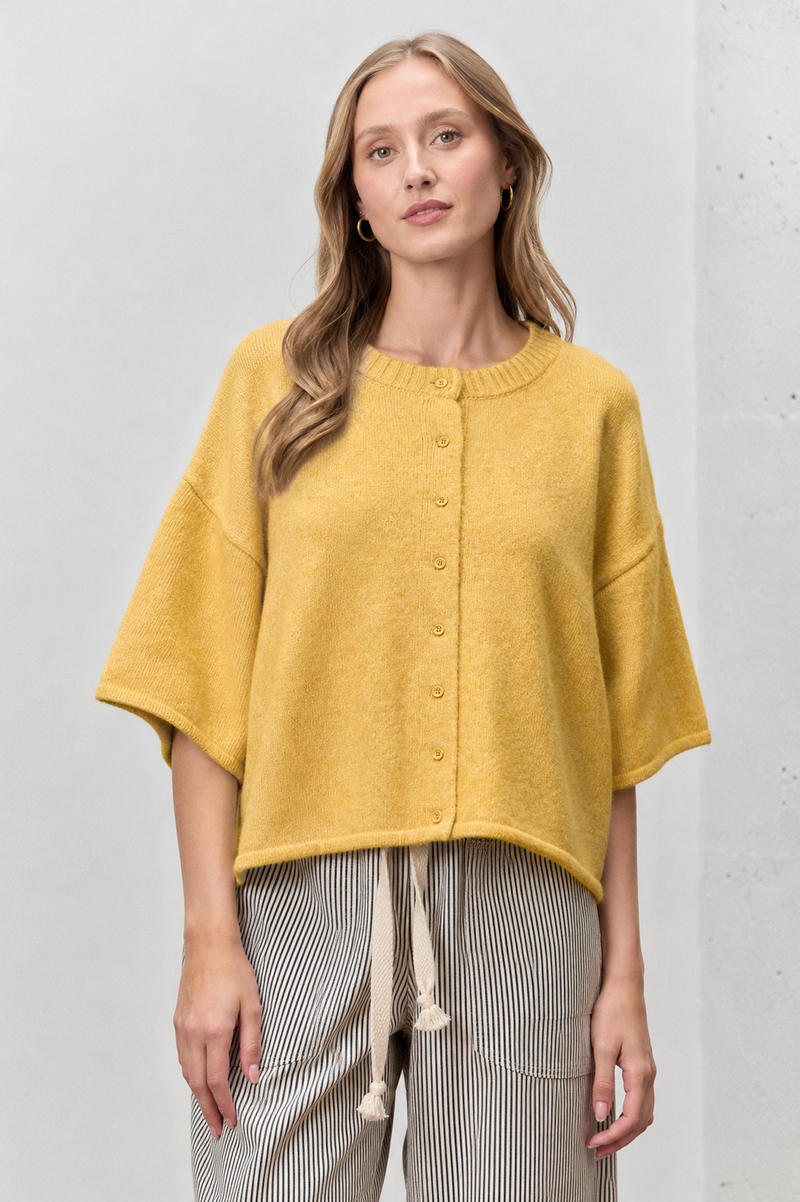 Button Up Short Sleeve Knit Cardigan - Yellow (Curvy)