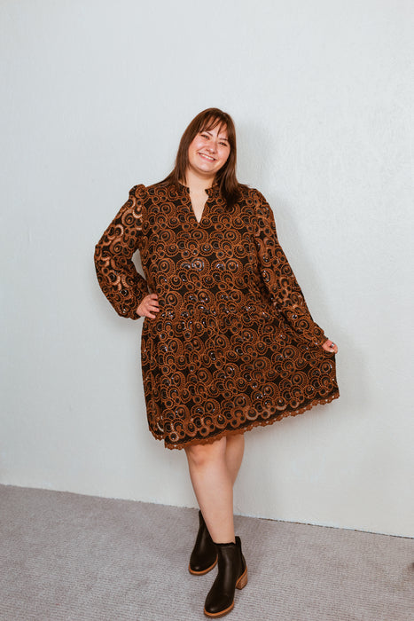 Embroidered Long Sleeve Dress - Black/Brown