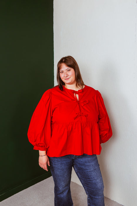 Tie In Front Puff Sleeve Top - Red