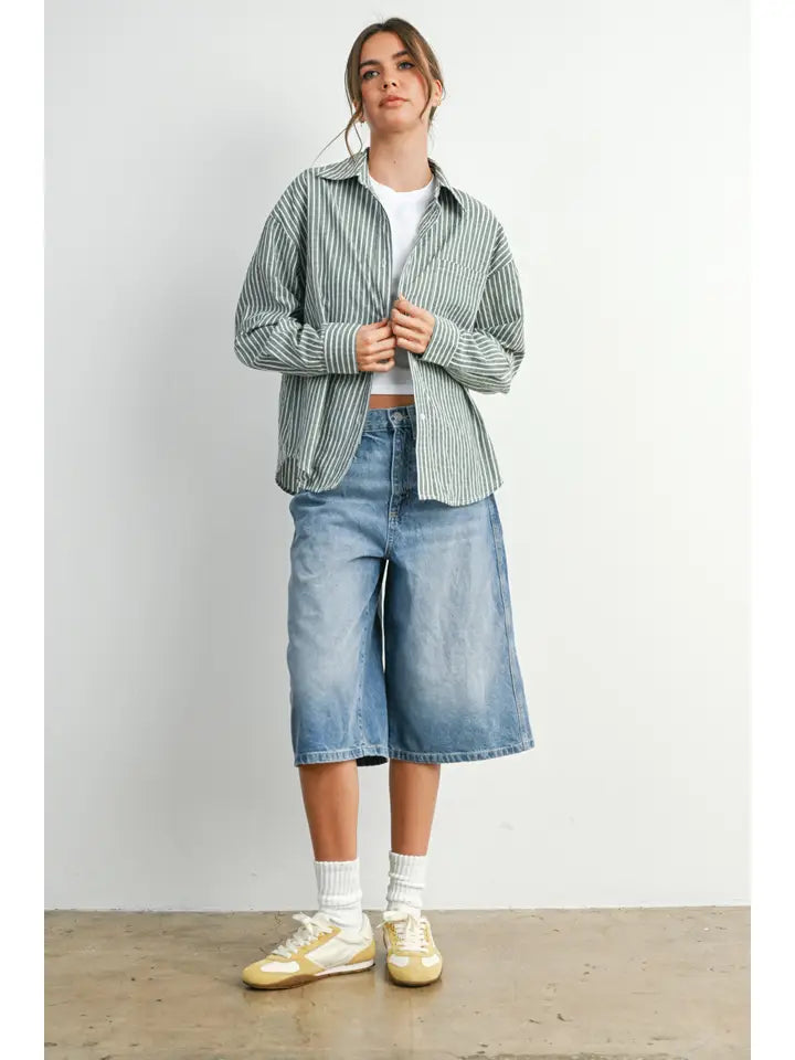 Cropped Striped Button Up - Ivory/Green