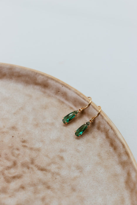 Small Elongated Teardrop Crystal Earring - Emerald/Gold