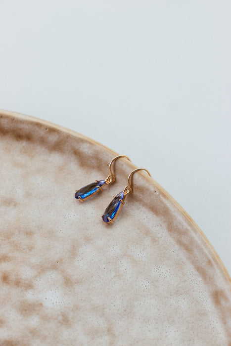 Small Elongated Teardrop Crystal Earring - Light Sapphire/Gold