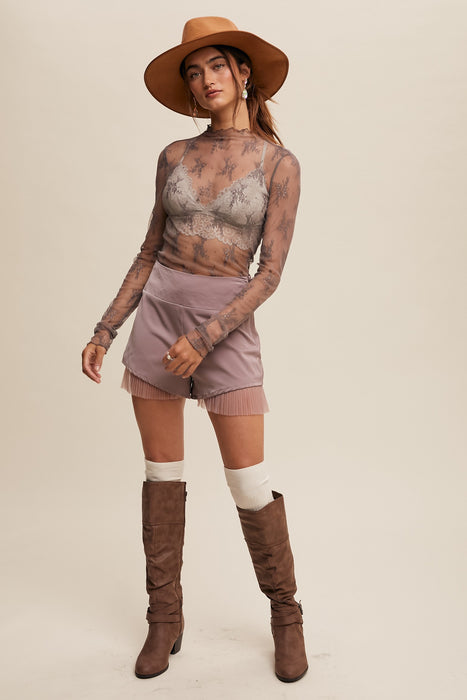 Lace Mock Neck Long Sleeve Layering Top - Mocha