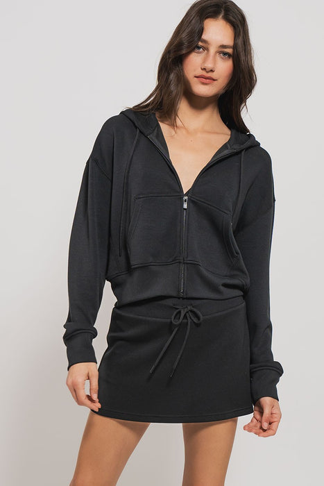 Accent Cropped Zip Up Sweatshirt - Black