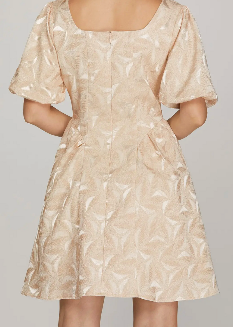 Puff Sleeve Square Neck Woven Jacquard Mini Dress - Champagne