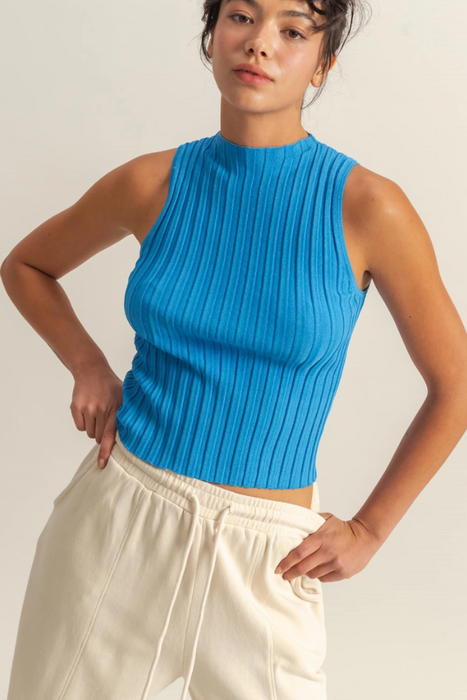 Ribbed Mock Neck Knit Top - Blue