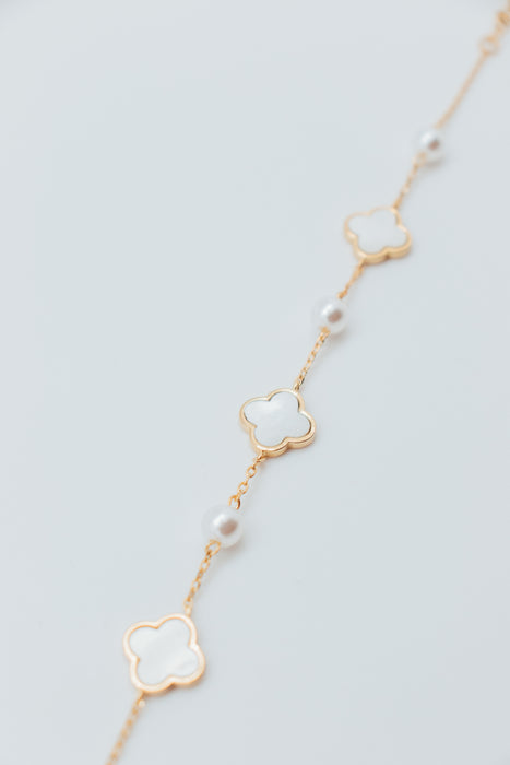 Gold & White Plated SM MOP Clover & Alternating Faux Pearl Bracelet - 23157