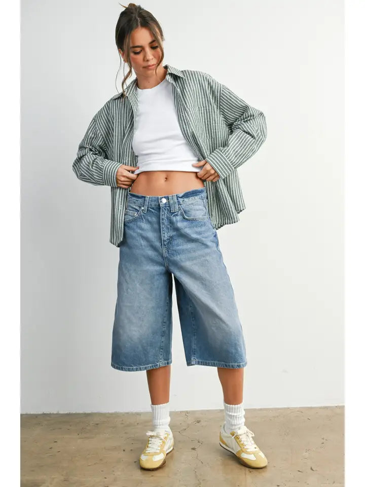 Cropped Striped Button Up - Ivory/Green