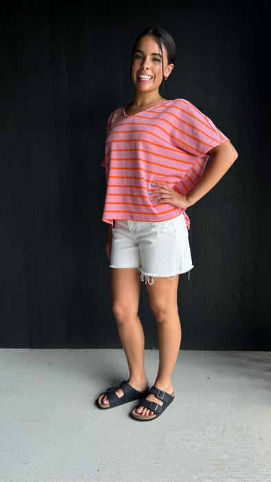 Striped Boxy V Neck Knit Top - Pink & Coral