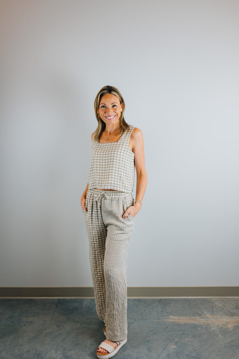 Gingham Straight Pants - Tan & Cream