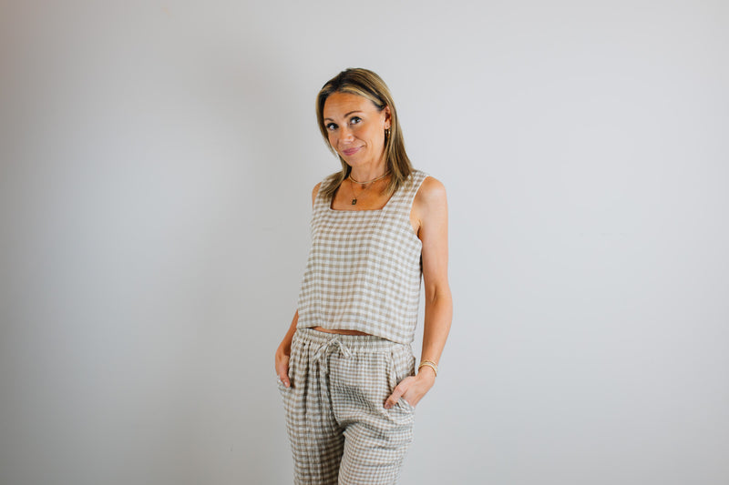 Gingham Square Neck Top - Tan & Cream