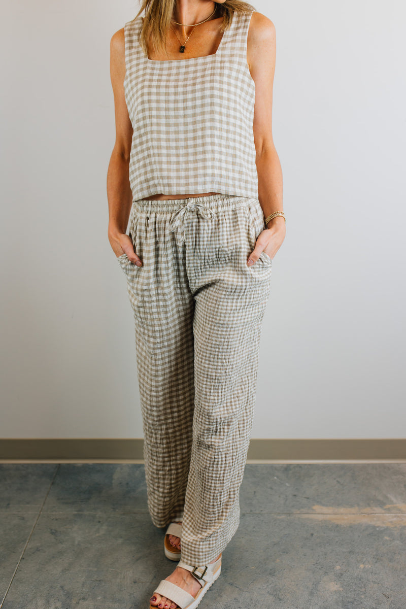 Gingham Straight Pants - Tan & Cream