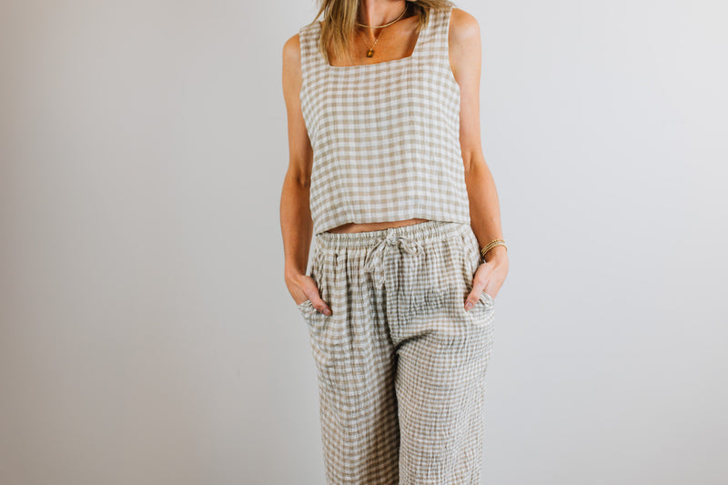 Gingham Square Neck Top - Tan & Cream