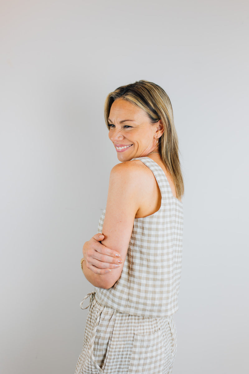 Gingham Square Neck Top - Tan & Cream