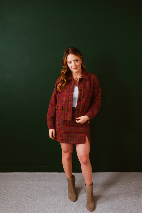 Tweed Mini Skirt Plum - Camel