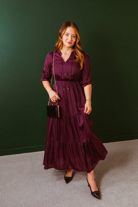 Split Neck Ruffle Maxi Dress - Plum