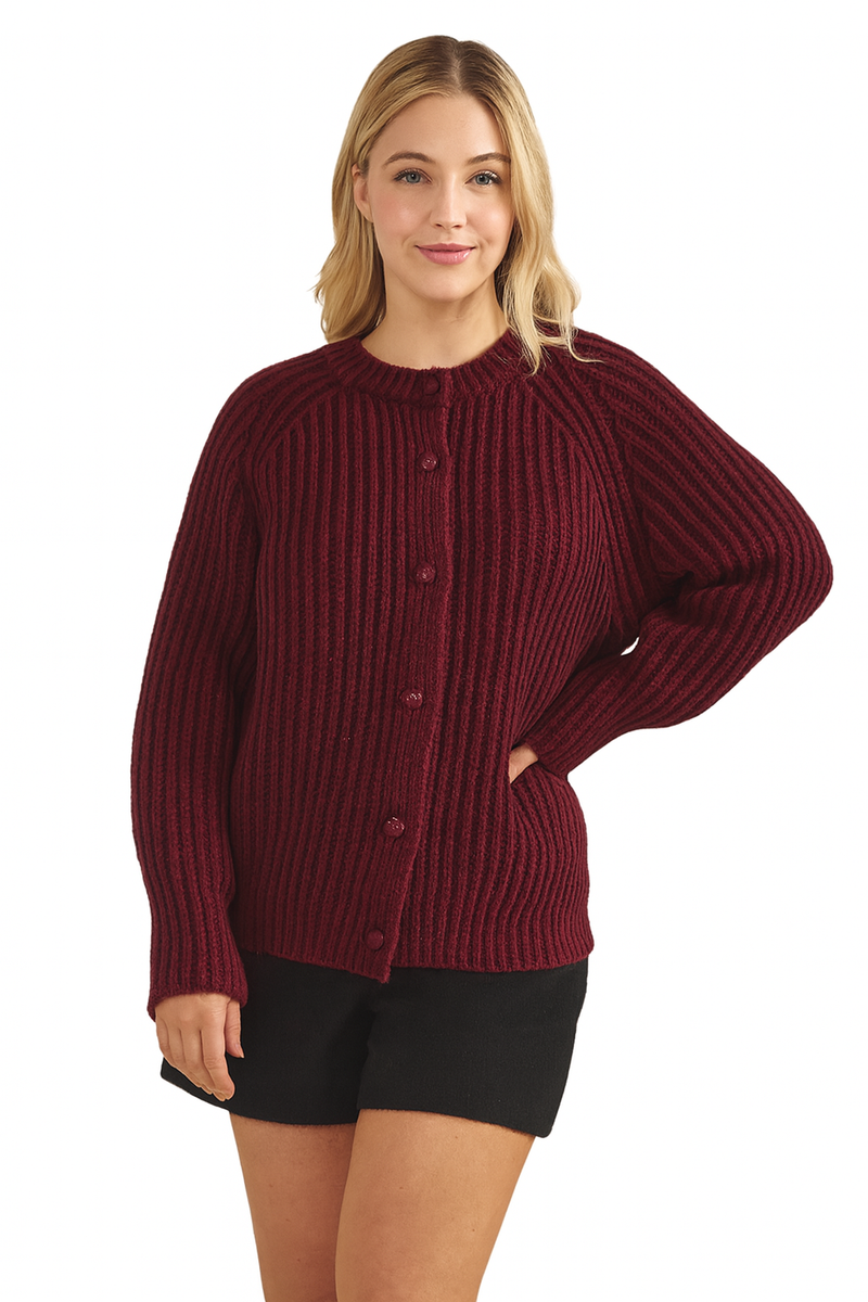 Knit Button Up Cardigan - Wine