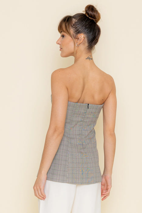 Plaid Strapless Blazer Top Taupe - Gray/Multi