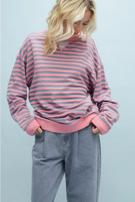 Striped Oversized Crewneck Pullover - Rose/Blue