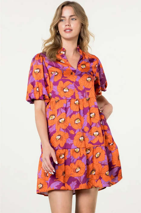 Puff Sleeve Floral Print Dress Orange Purple