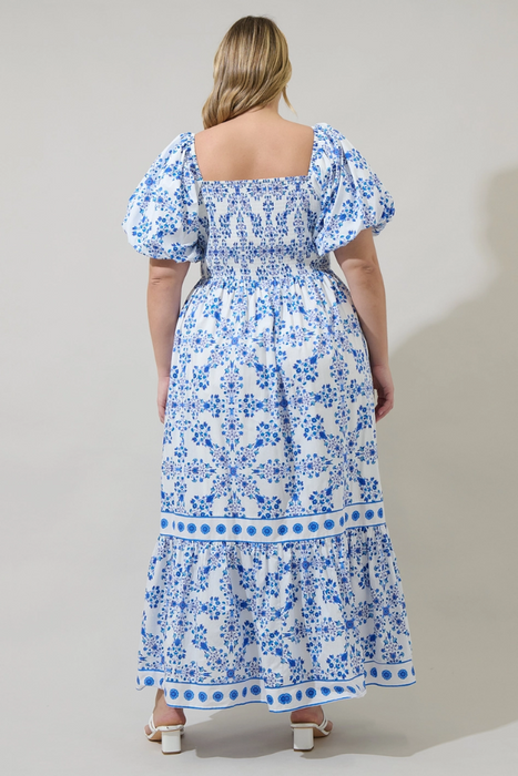 Floral Smocked Maxi Dress - White/Blue