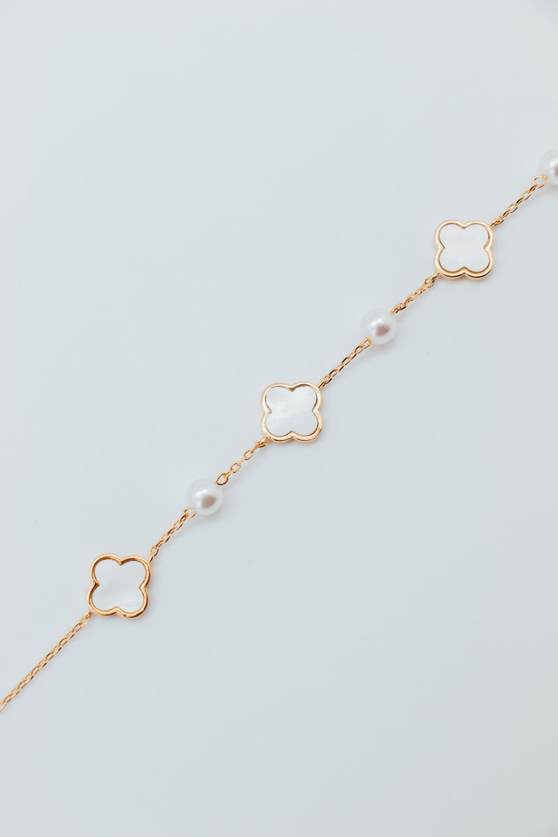 Gold & White Plated SM MOP Clover & Alternating Faux Pearl Bracelet - 23157
