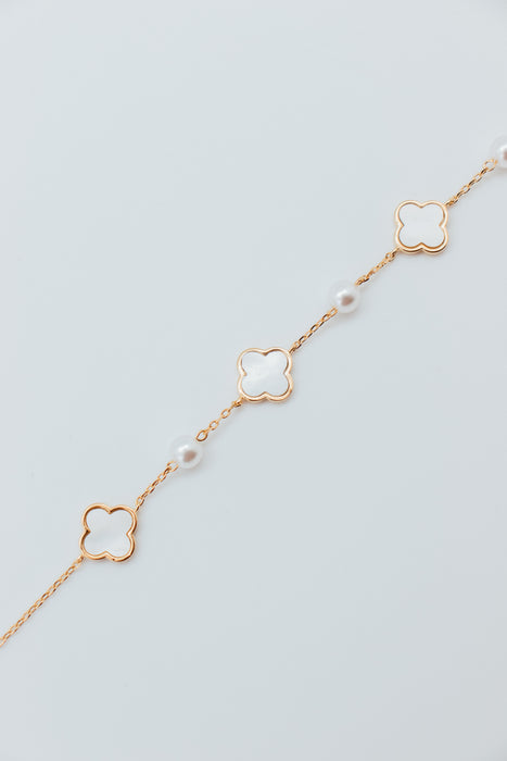 Gold & White Plated SM MOP Clover & Alternating Faux Pearl Bracelet - 23157