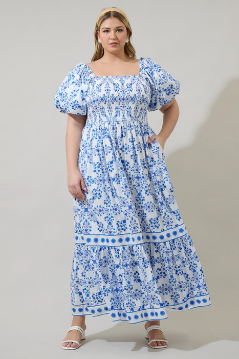 Floral Smocked Maxi Dress - White/Blue