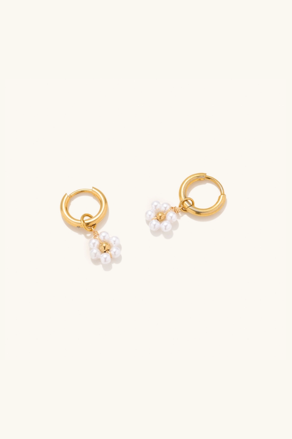Nikki Smith Designs • Pearl Daisy Charm Huggies Gold/Pearl