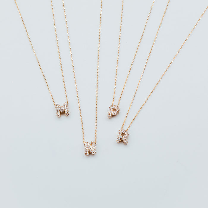 Initial Gold Plated Small Pave Bubble Necklace