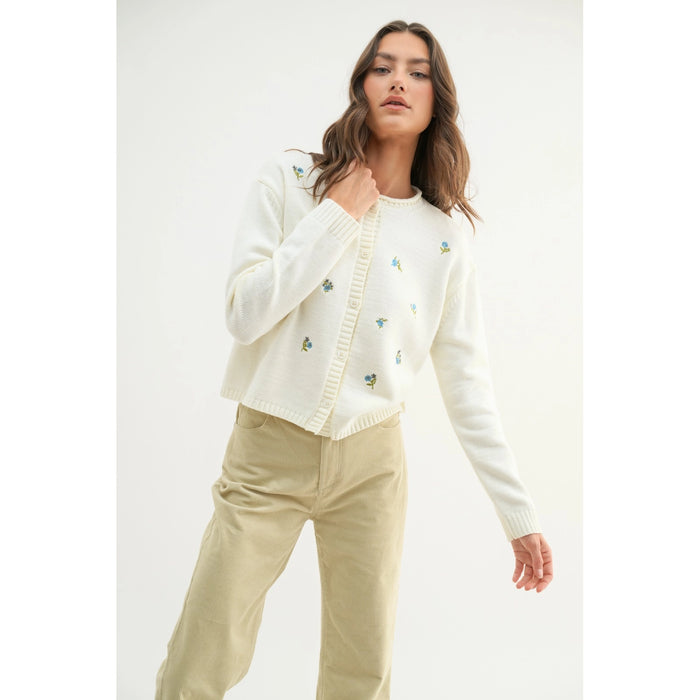 Floral Embroidered Button Up Cardigan - Cream/Blue