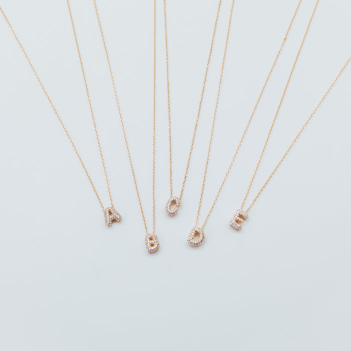 Initial Gold Plated Small Pave Bubble Necklace