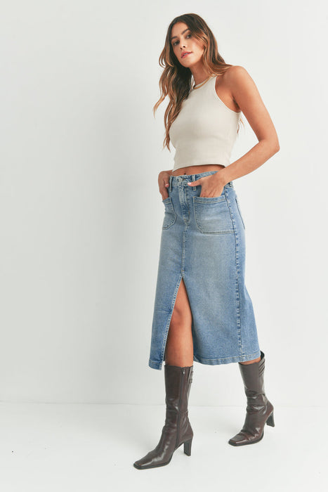 Just Black Denim • Utility Pocket Midi Skirt - Medium Denim