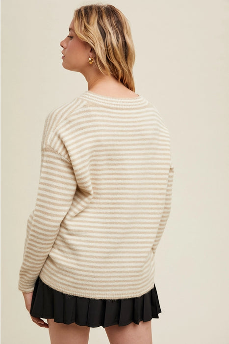 Bow Graphic Striped Sweater - Taupe/White