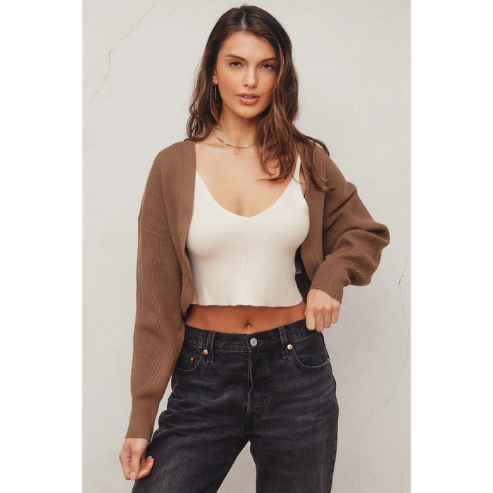 Ribbed Cropped Cardigan - Mocha