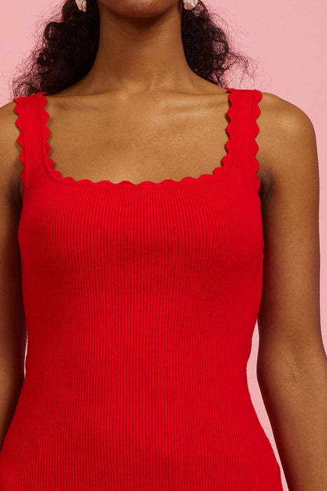 Scalloped Rib Tank Top - Red