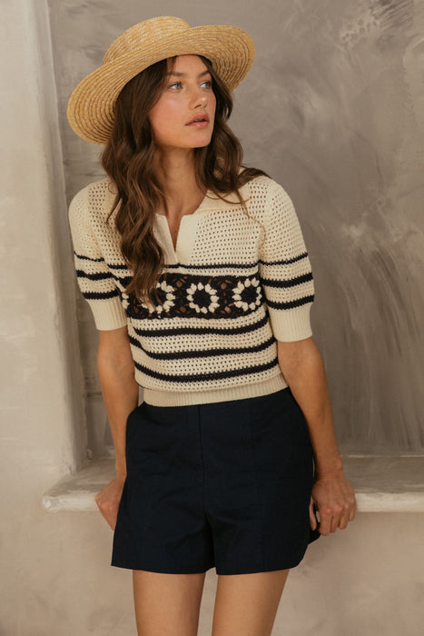 Pointelle Knit Collared Sweater - Off White/Navy