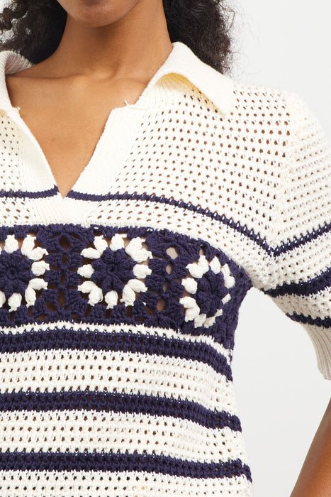 Pointelle Knit Collared Sweater - Off White/Navy