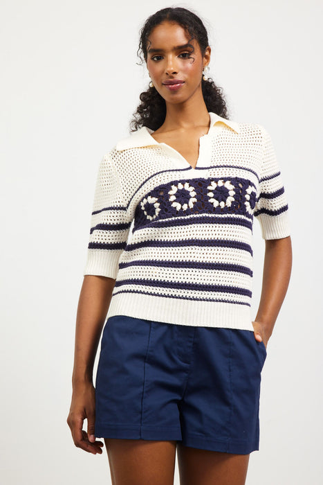 Pointelle Knit Collared Sweater - Off White/Navy