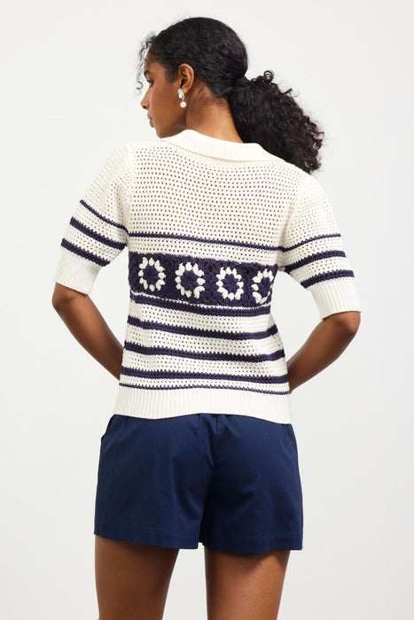 Pointelle Knit Collared Sweater - Off White/Navy