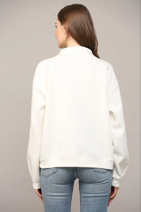 Zipper Trimmed Round Neck Sweatshirt - Cream