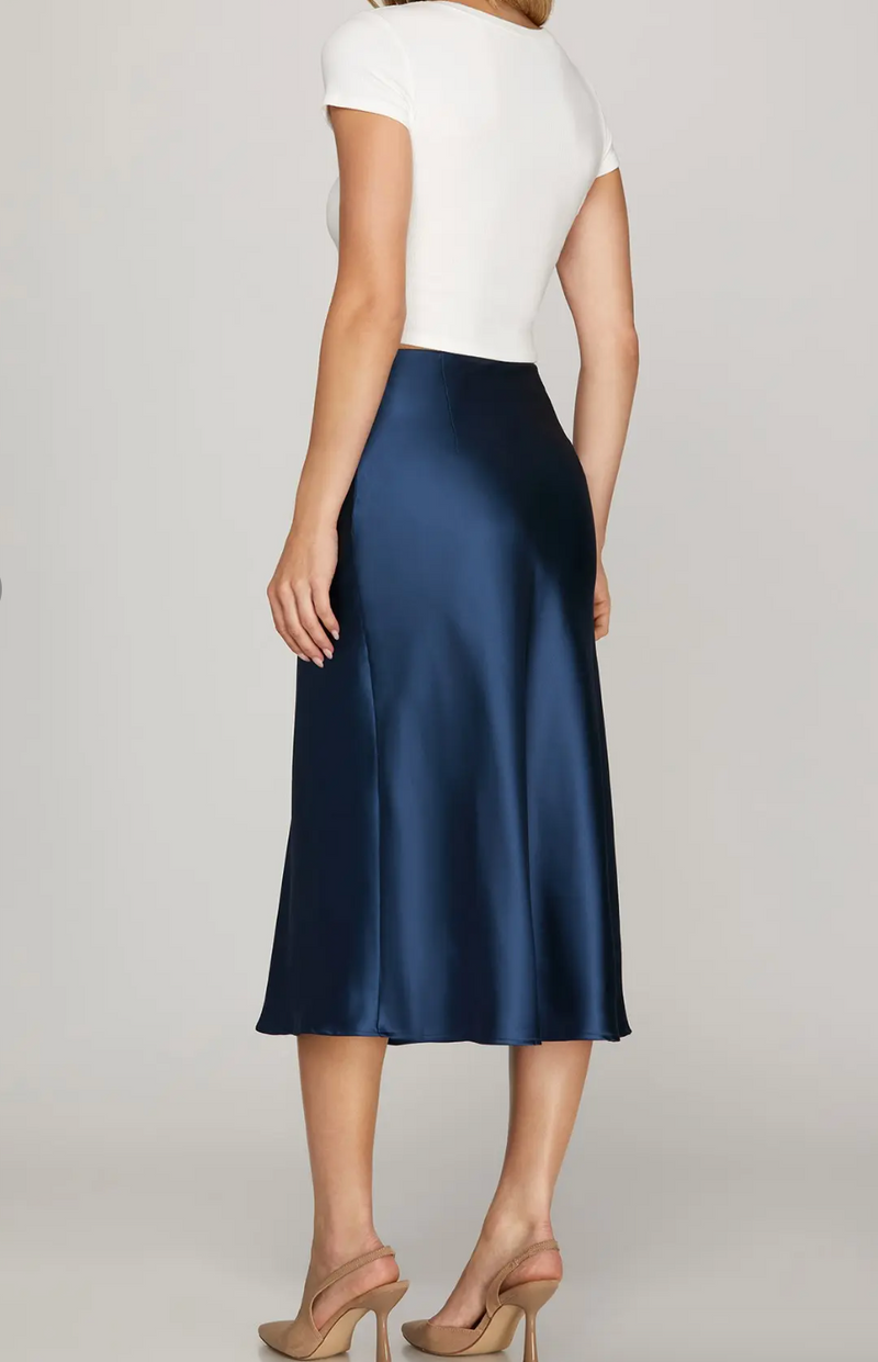 Satin Midi Skirt - Navy