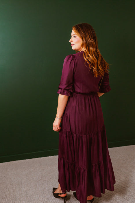 Split Neck Ruffle Maxi Dress - Plum