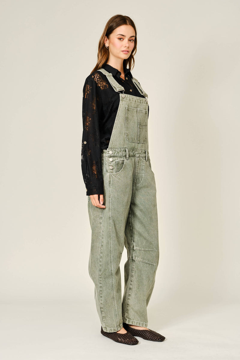 Relaxed Fit Barrel Denim Overalls - Olive