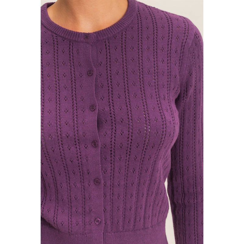 Pointelle Button Up Cardigan - Plum