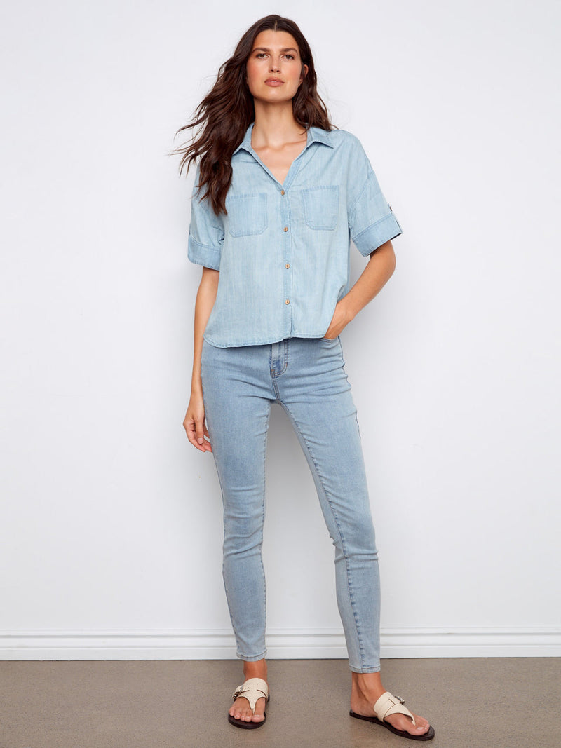Charlie B • Short Sleeve Button-Front Tencel Blouse W/ Patch Pockets - Light Blue