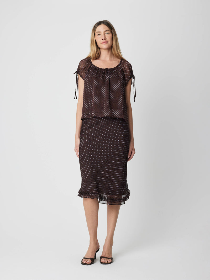 The Lauren Skirt | Chiffon Polka Dot Midi Skirt - Brown & Blue