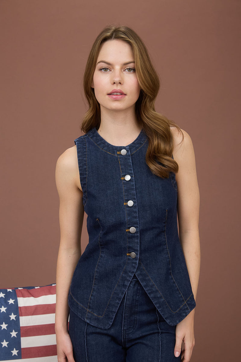 Collared Contrast Stripe Button Down Knit Top - Denim