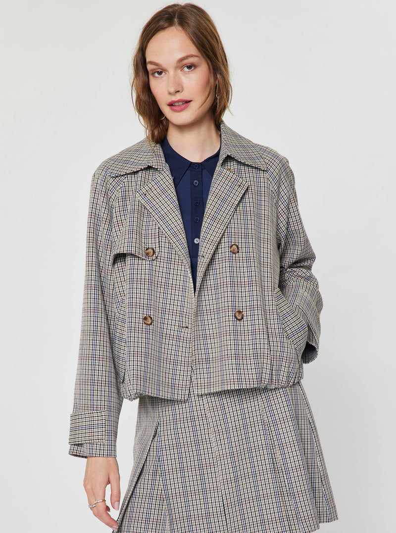 Plaid Cropped Trench Jacket - Navy & Taupe
